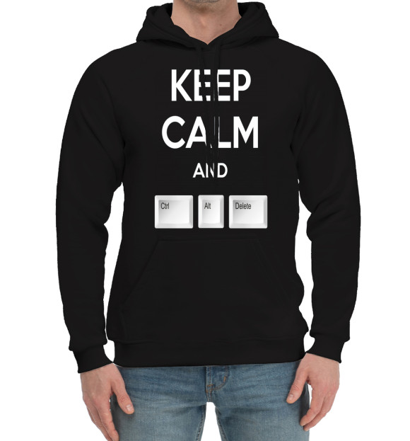 Мужской хлопковый худи с изображением Keep calm and Ctrl Alt Delete цвета Черный