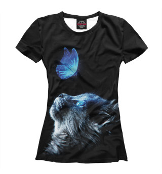 Женская футболка Котенок и бабочка неон