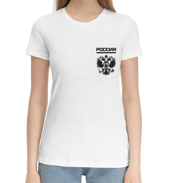 Женская хлопковая футболка с изображением Россия (двусторонняя) цвета Белый
