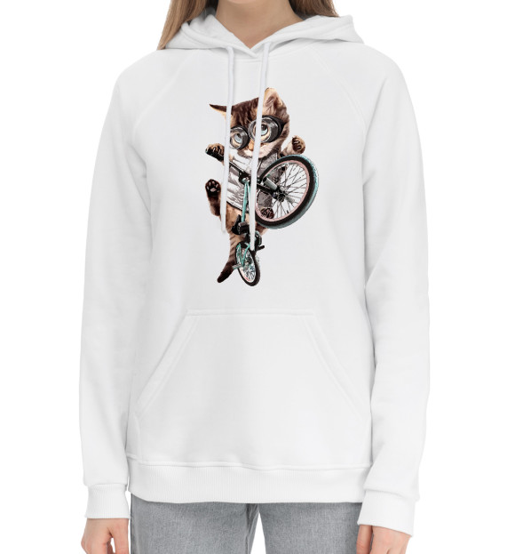 Женский хлопковый худи с изображением Кот на BMX цвета Белый