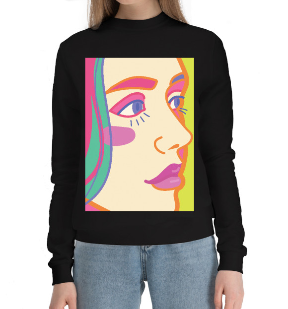 Женский хлопковый свитшот с изображением Яркий женский портрет цвета Черный