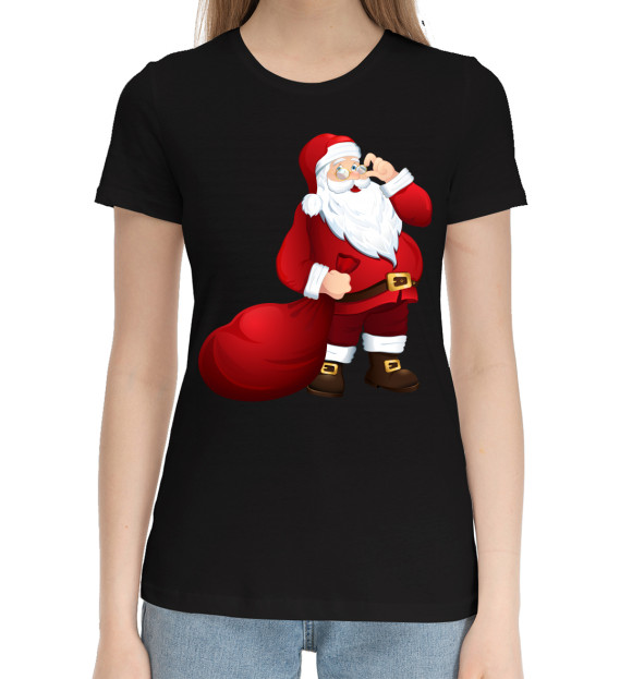 Женская хлопковая футболка с изображением Дед Мороз цвета Черный