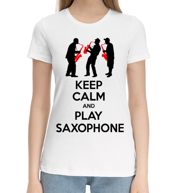 Женская хлопковая футболка с изображением Играй на саксофоне цвета Белый