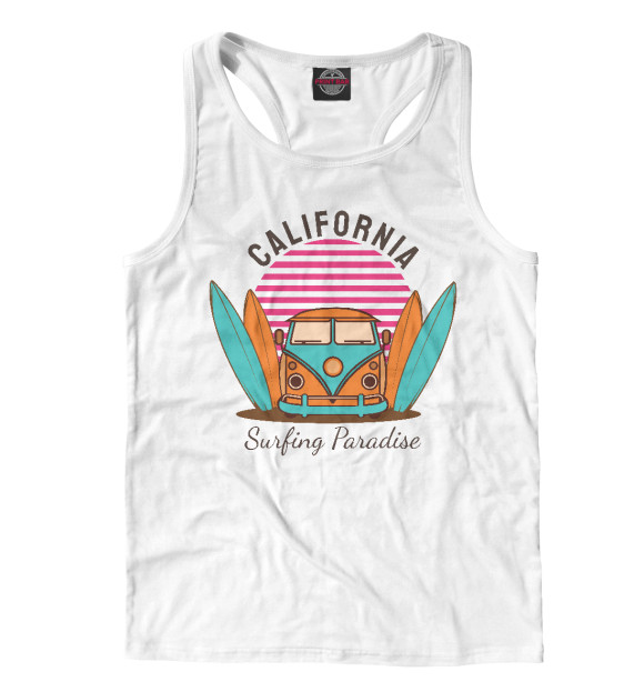 Мужская майка-борцовка с изображением Калифорния. Рай для серфера цвета Белый