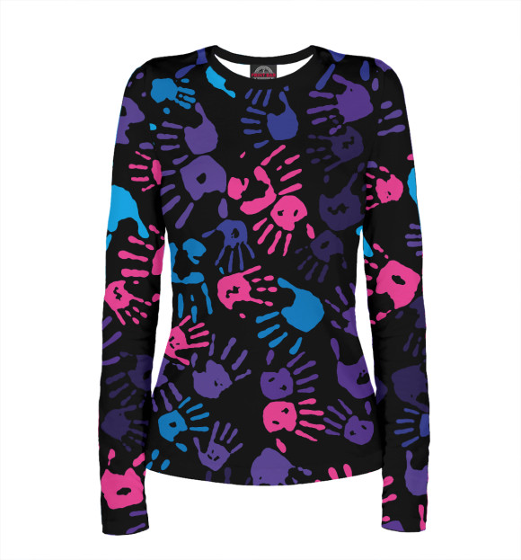 Женский лонгслив с изображением Следы неоновых рук цвета Белый