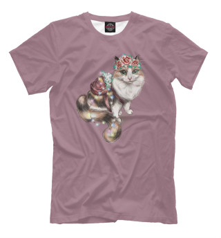 Мужская футболка Милая кошечка с цветами (розовый фон)