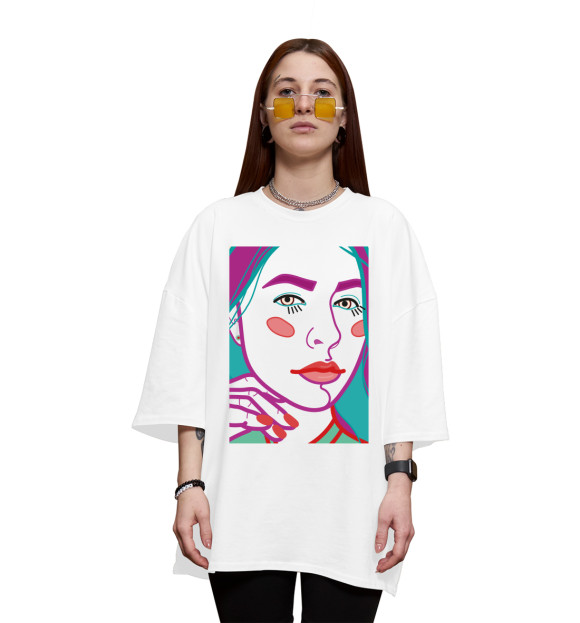 Женская футболка оверсайз с изображением Арт портрет с женским лицом крупным план цвета Белый