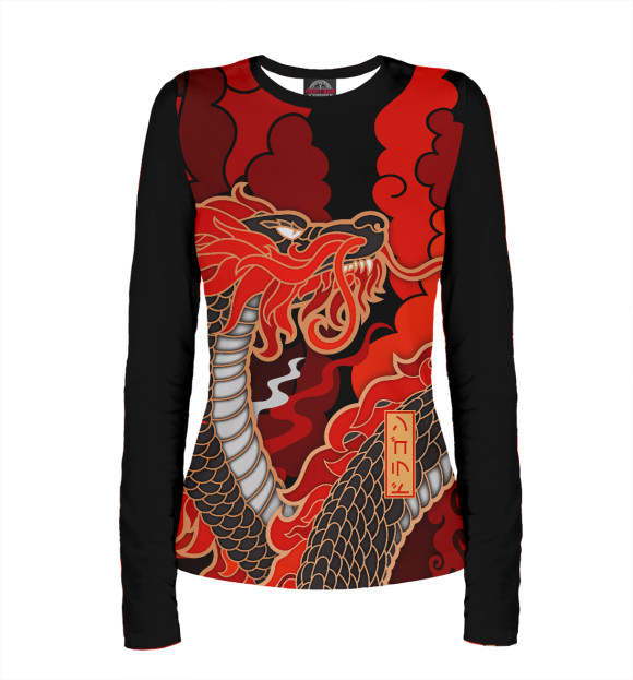 Женский лонгслив с притом Дракон на фоне красных облаков цвета Белый Женский лонгслив с изображением Дракон на фоне красных облаков цвета Белый
