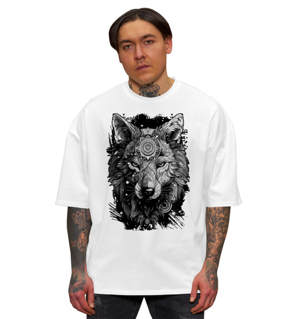 Мужская футболка оверсайз с изображением Волк в бирюзовом орнаменте цвета Белый