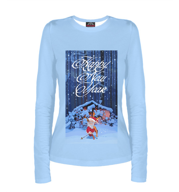 Женский лонгслив с изображением Санта Клаус на лыжах в лесу цвета Белый