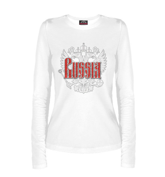 Женский лонгслив с притом Coat of arms of Russia цвета Белый Женский лонгслив с изображением Coat of arms of Russia цвета Белый