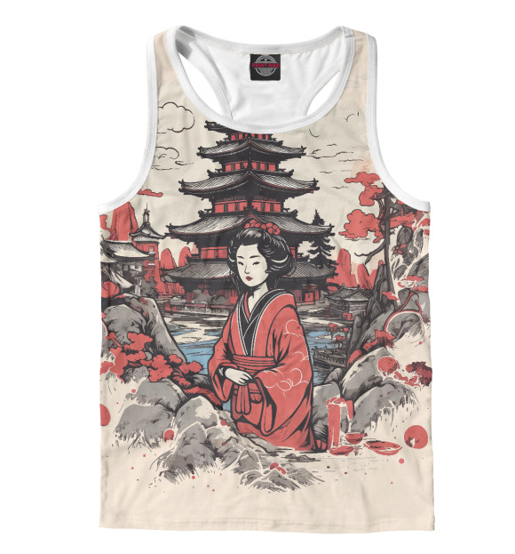 Мужская майка-борцовка с изображением Гейша на реке цвета Белый