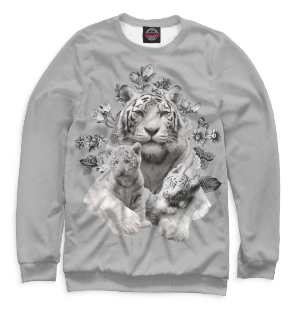 Мужской свитшот с изображением Тигр с тигрятами цвета Белый