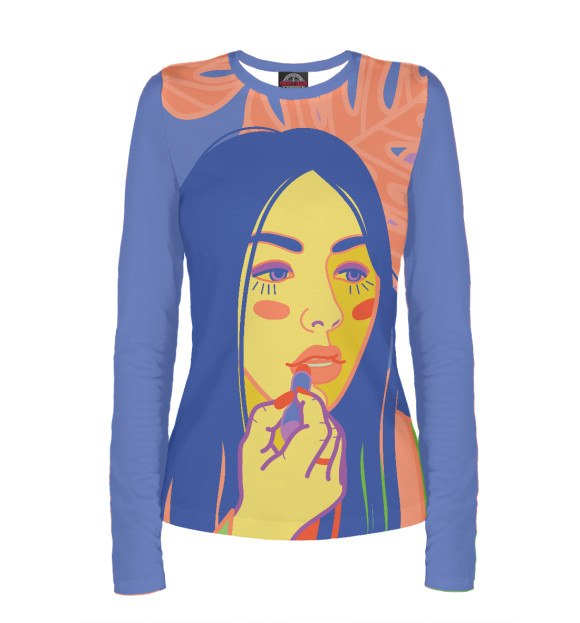 Женский лонгслив с притом Яркий женский портрет в стиле поп-арт цвета Белый Женский лонгслив с изображением Яркий женский портрет в стиле поп-арт цвета Белый