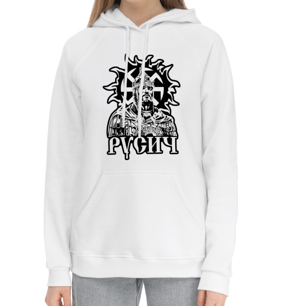 Женский хлопковый худи с изображением Русич цвета Белый
