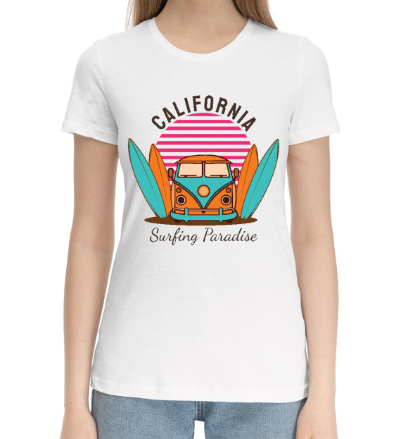 Женская хлопковая футболка с изображением Калифорния. Рай для серфера цвета Белый
