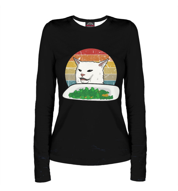 Женский лонгслив с изображением Retro Yelling Confused Cat цвета Белый