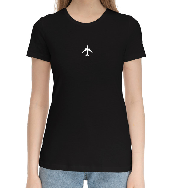Женская хлопковая футболка с изображением Самолёт цвета Черный