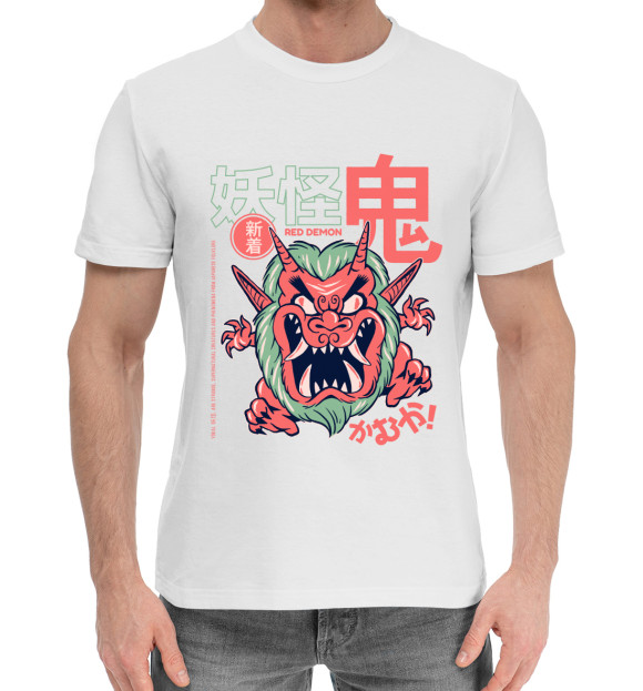 Мужская хлопковая футболка с изображением Oni Demon Yokai цвета Белый