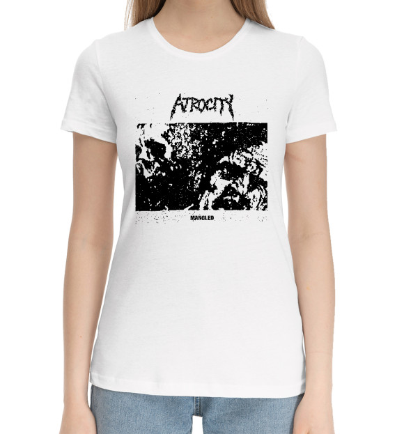 Женская хлопковая футболка с притом Atrocity цвета Белый Женская хлопковая футболка с изображением Atrocity цвета Белый