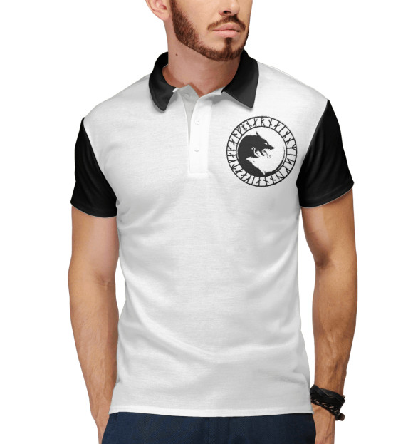 Мужское поло с изображением Волк в рунах цвета Белый