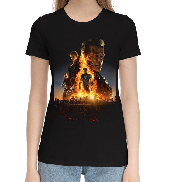 Женская хлопковая футболка с изображением Терминатор цвета Черный