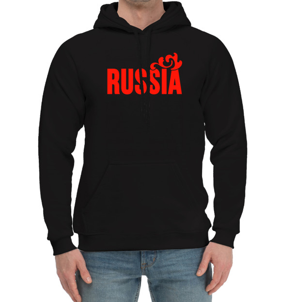 Мужской хлопковый худи с изображением Russia цвета Черный