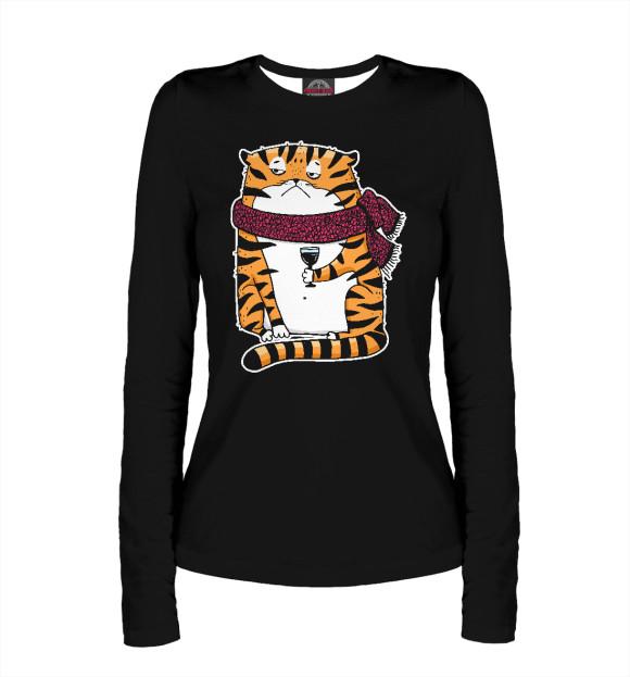 Женский лонгслив с изображением Тигр с бокалом вина цвета Белый