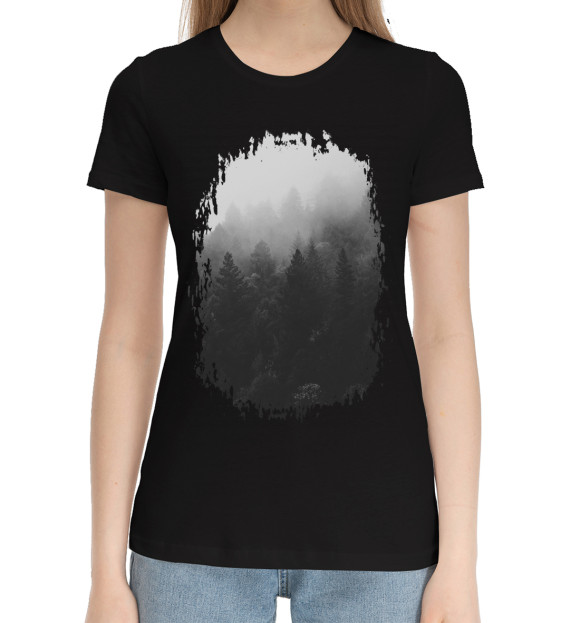 Женская хлопковая футболка с изображением Лес цвета Черный
