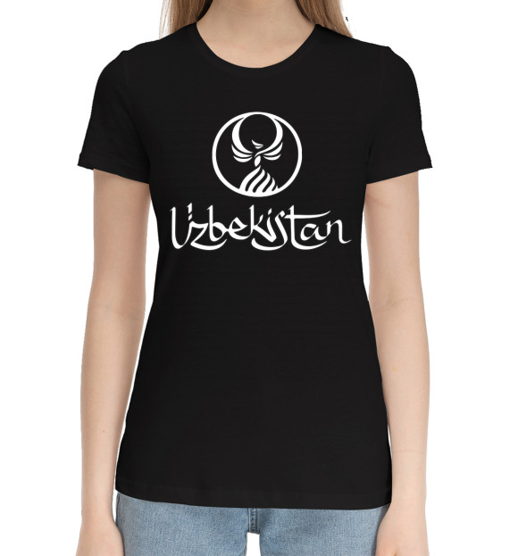 Женская хлопковая футболка с изображением Узбекистан цвета Черный