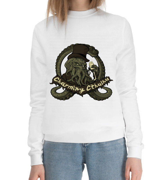 Женский хлопковый свитшот с изображением Чашечка кофе с Ктулху цвета Белый