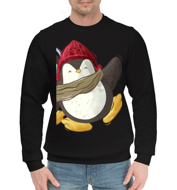 Мужской хлопковый свитшот с изображением Пингвин в шапке цвета Черный