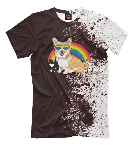Мужская футболка с изображением Corgi With Rainbow цвета Белый