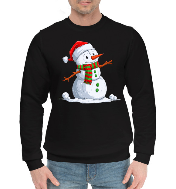 Мужской хлопковый свитшот с изображением Веселый Снеговик цвета Черный