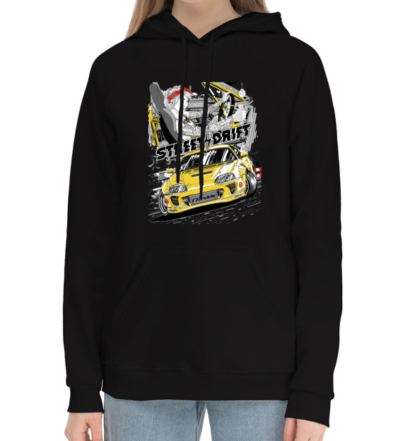 Женский хлопковый худи с изображением Девушка гонщик цвета Черный