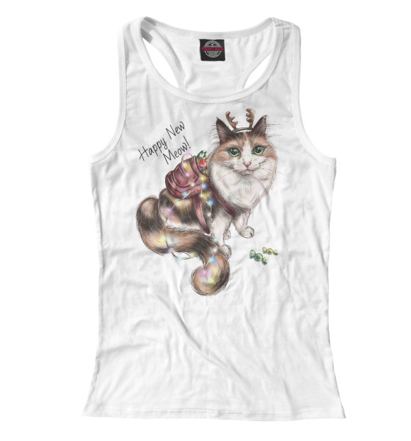 Женская майка-борцовка с изображением Happy New Meow! цвета Белый