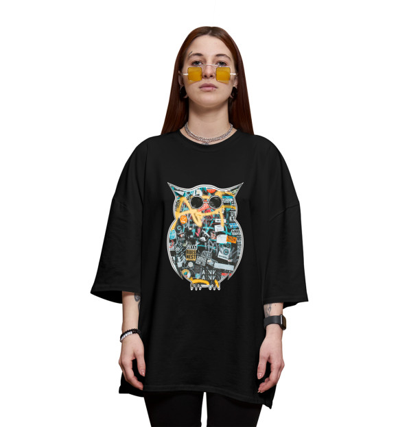 Женская футболка оверсайз с изображением Граффити сова цвета Черный
