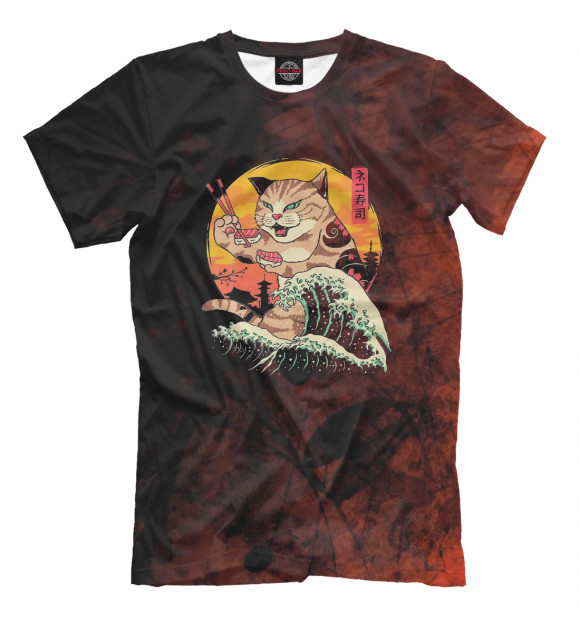Мужская футболка с изображением Vintage Japan Art Cat Eatin цвета Белый