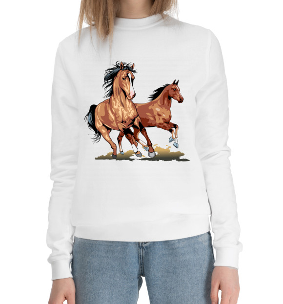 Женский хлопковый свитшот с изображением Лошадь цвета Белый