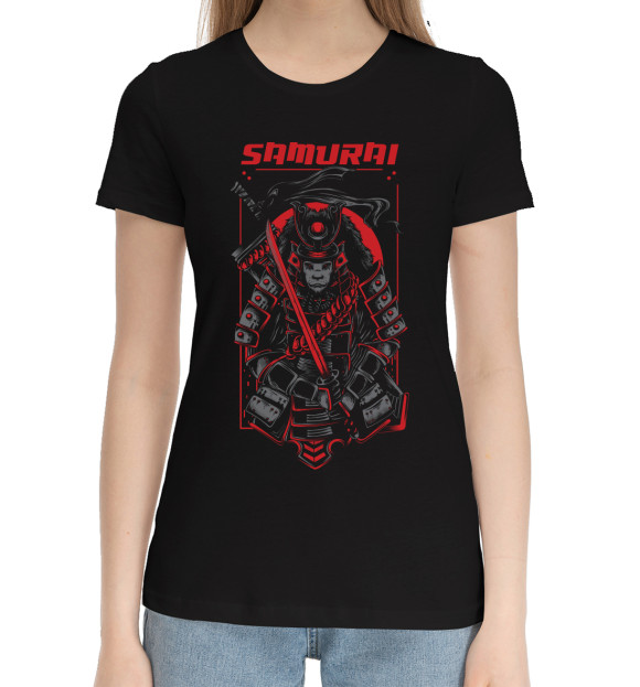 Женская хлопковая футболка с изображением Самурай воин цвета Черный