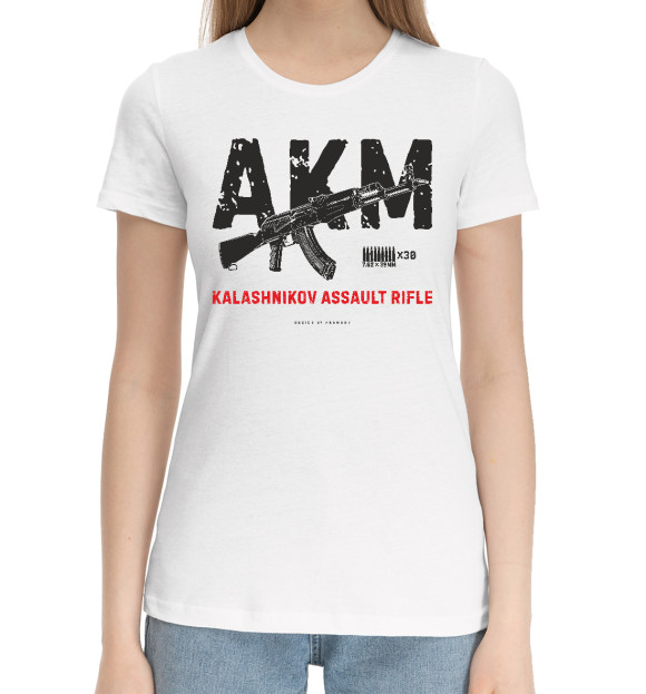 Женская хлопковая футболка с изображением Автомат Калашникова (АКМ) цвета Белый