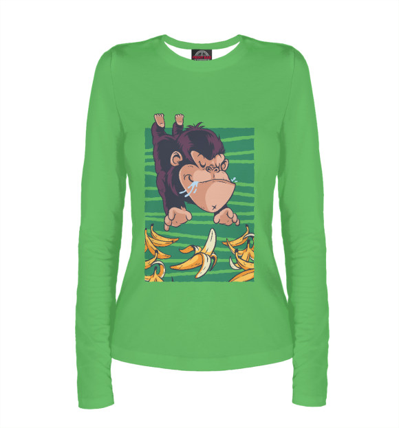 Женский лонгслив с притом Горилла с бананами цвета Белый Женский лонгслив с изображением Горилла с бананами цвета Белый