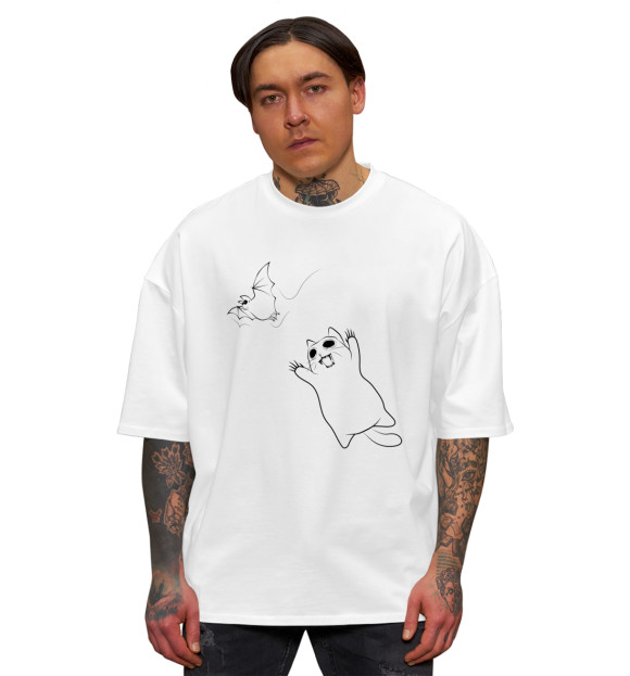 Мужская футболка оверсайз с изображением Кот монстр цвета Белый