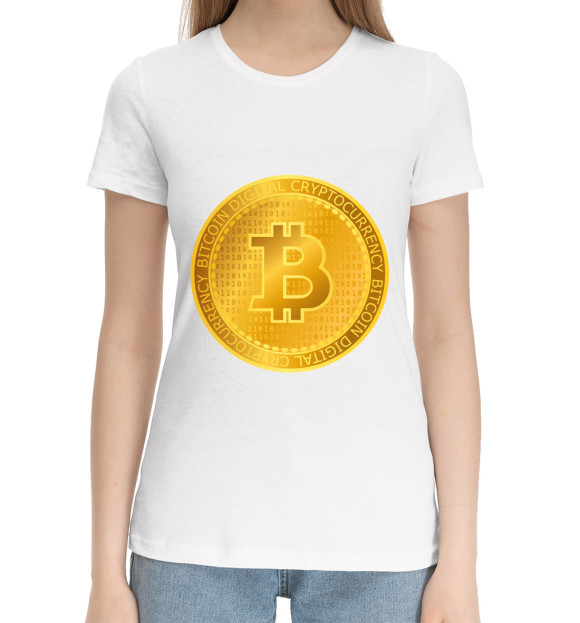Женская хлопковая футболка с изображением Золотой Биткоин цвета Белый