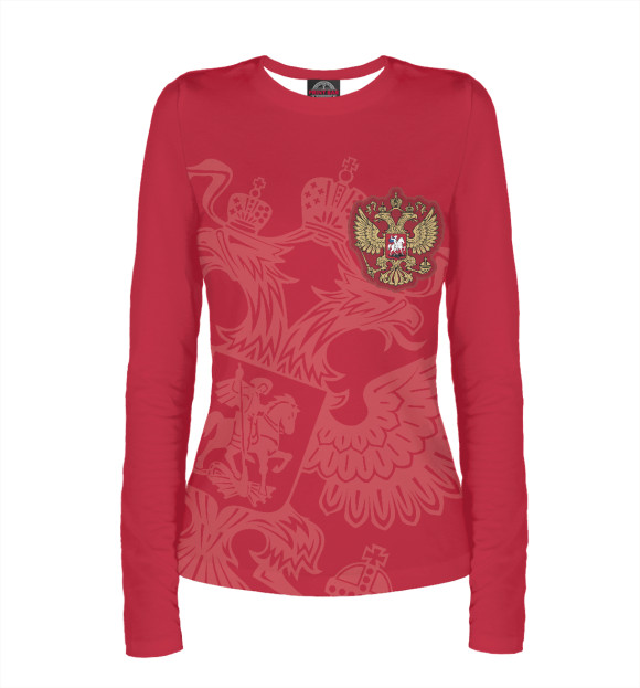 Женский лонгслив с изображением Герб России красный цвета Белый