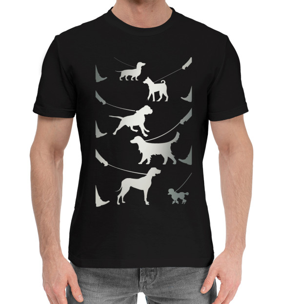 Мужская хлопковая футболка с изображением Собаки на прогулке. цвета Черный