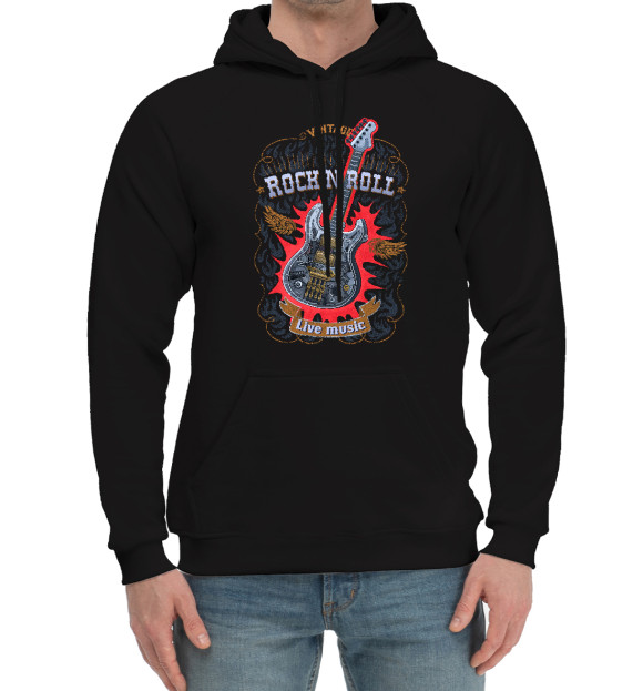 Мужской хлопковый худи с притом Гитара стимпанк с надписью  rock n roll цвета Черный Мужской хлопковый худи с изображением Гитара стимпанк с надписью  rock n roll цвета Черный