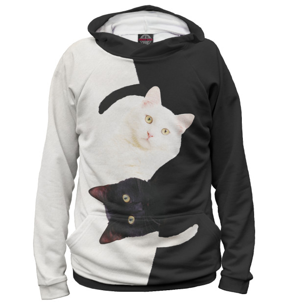 Мужское худи с изображением Чёрный и белый кот цвета Белый