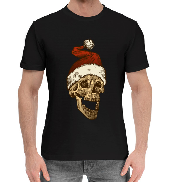 Мужская хлопковая футболка с изображением Череп Санты цвета Черный