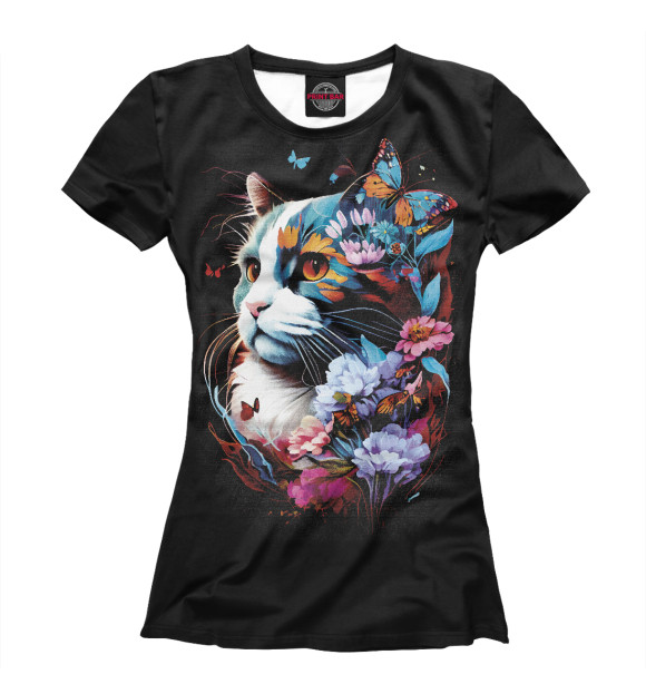 Женская футболка с изображением Волшебный цветочный кот цвета Белый